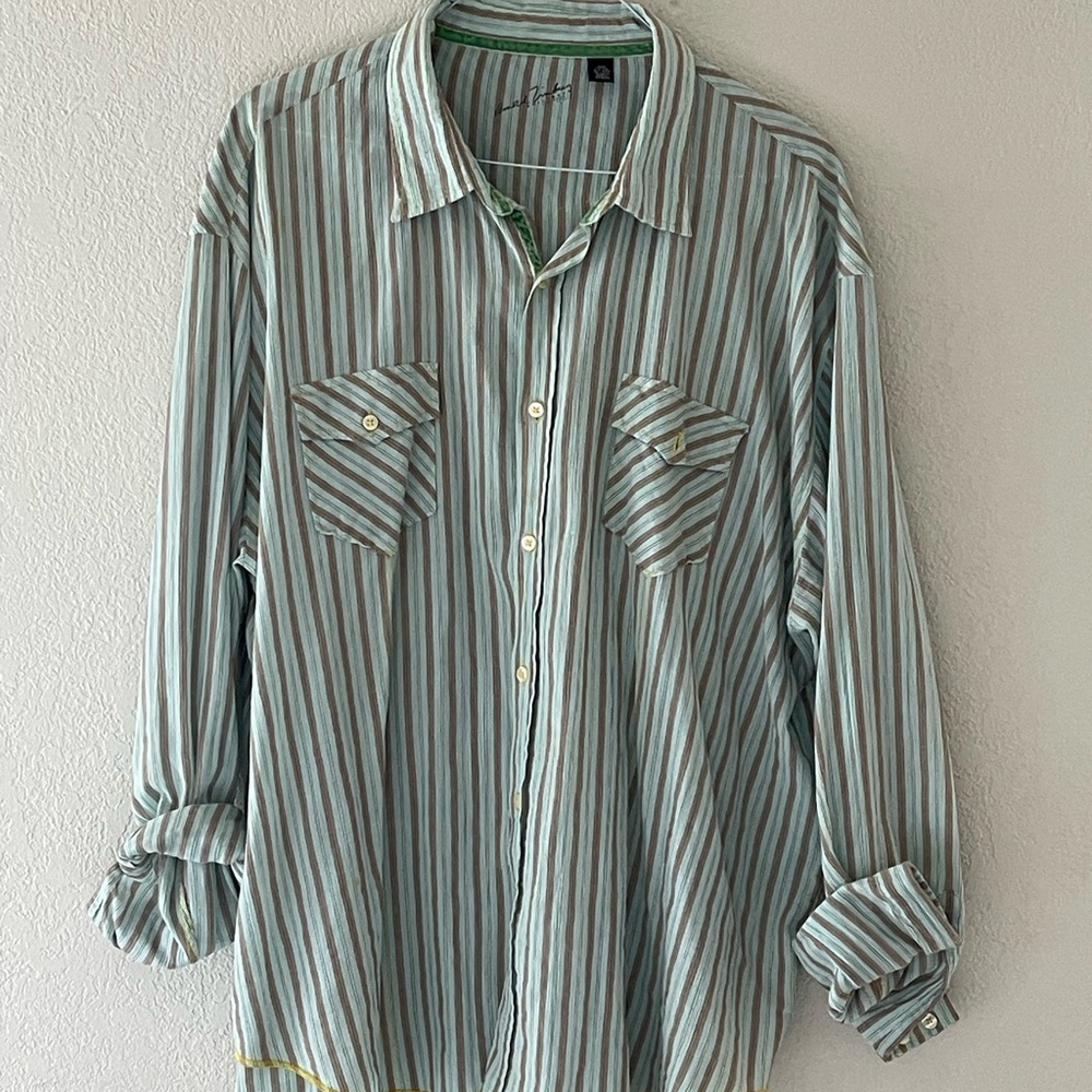 Men's Striped Button-Up Shirt - Green and Brown